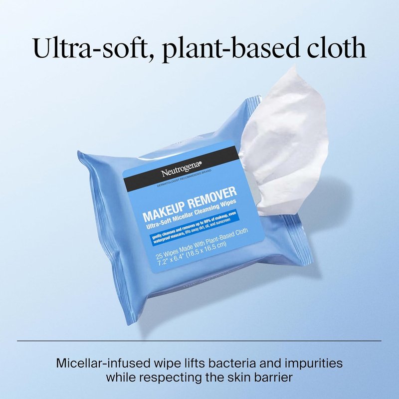 Neutrogena Makeup Remover Wipes - Ultra-Soft Micellar Cleansing Cloths | 25 Ct, Alcohol-Free, Plant-Based