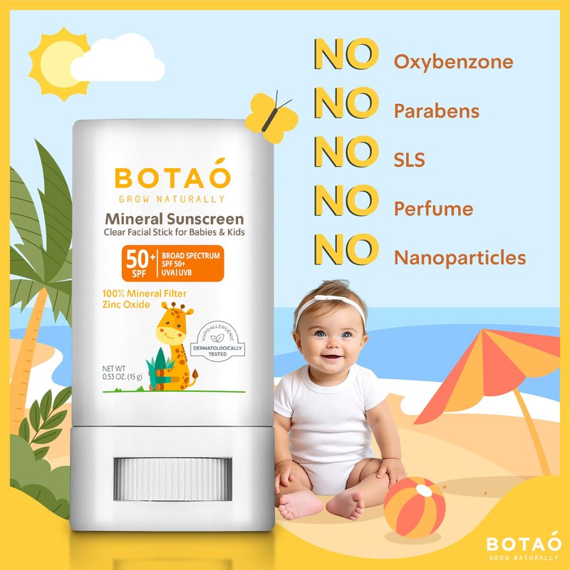Botao baby Mineral Sunscreen Stick 100% Zinc Oxide SPF 50+ Water Resistant UVA/UVB Protection Easy to Apply Fragrance Free, babies & kids, for sensetive skin, Unscented