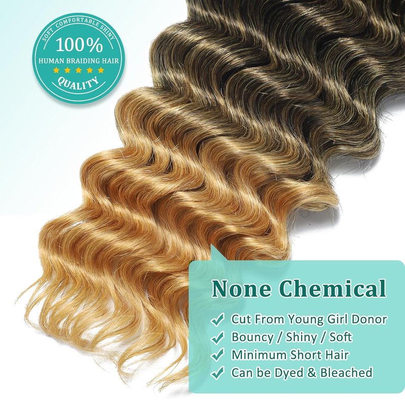 Ombre Human Braiding Hair for Boho Braids 14 Inch 120g Deep Wave Bulk Boho Human Hair for Braiding Curly Knotless Bohemian Braids 12A 100% Brazilian Virgin No Weft Extensions 3 Bundles/Pack T1B/27