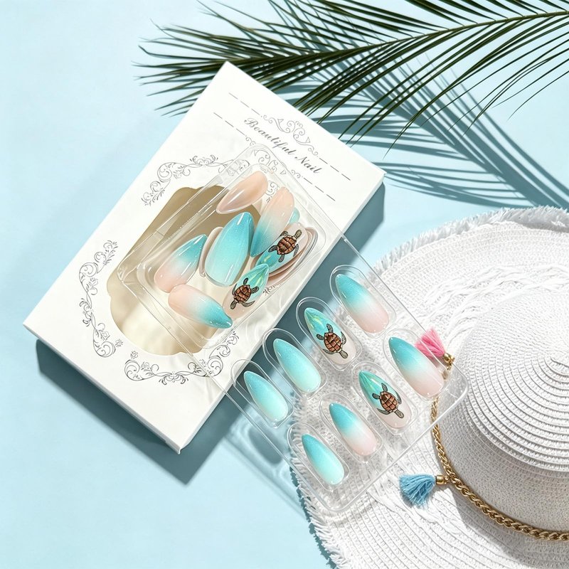 GCSQW Summer Press on Nails Medium Almond, Gradient Green Ocean Fake Nails with Turtle Designs Glossy Acrylic Nails Press ons, 24Pcs Reusable Stick on Nails for Women Manicure