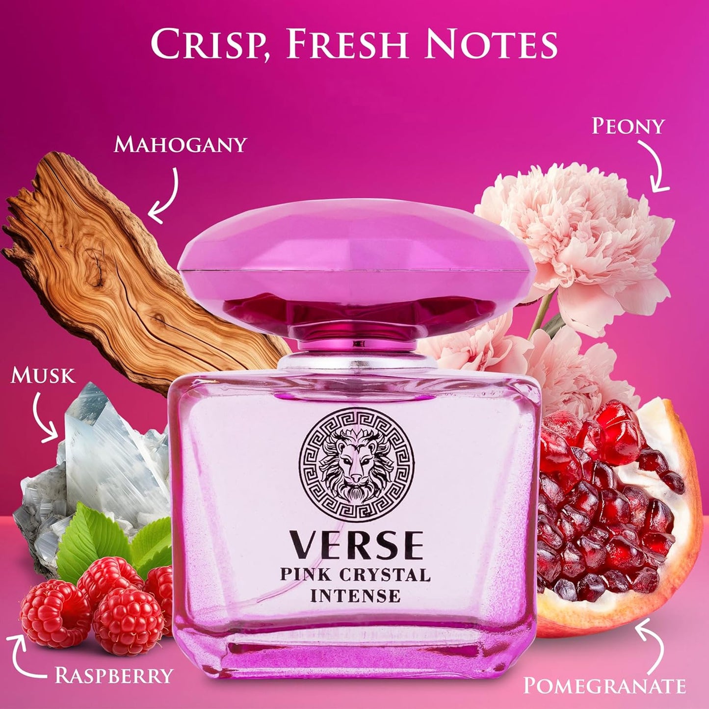 Verse Pink Crystal Intense for Women - Fruity Floral Perfume 3.4 fl Oz | Amber & Musk Notes in Elegant Bottle