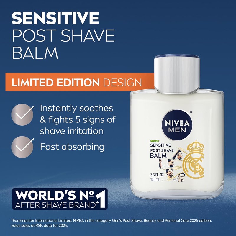 NIVEA MEN Real Madrid Sensitive Post Shave Balm - Alcohol-Free, Vitamin Pro Complex | 3.3 Fl Oz, Pack of 3