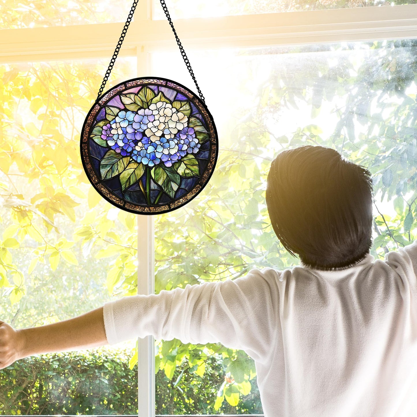 DASTOLL Stained Glass Window Hanging, Hydrangea Flowers Sun Catchers Diamond Glass Panel Hangings Plant Suncatcher Decor for Birthday for Women, Men, Wife, Aunt, and Mom 6.3 in