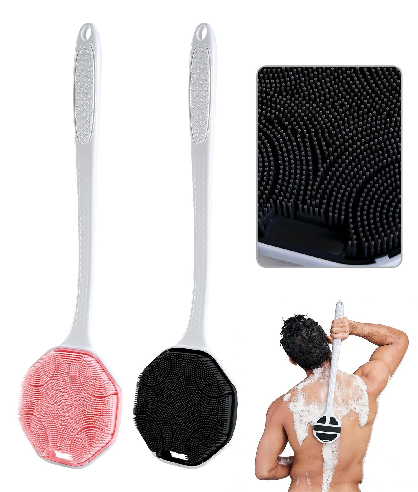 EaTubano Back Scrubber for Shower, 2 Pack Silicone Body Scrubber with Long Handle, Soft Bristles Gentle Exfoliating Bath Brush for Deep Cleansing, Black + Pink