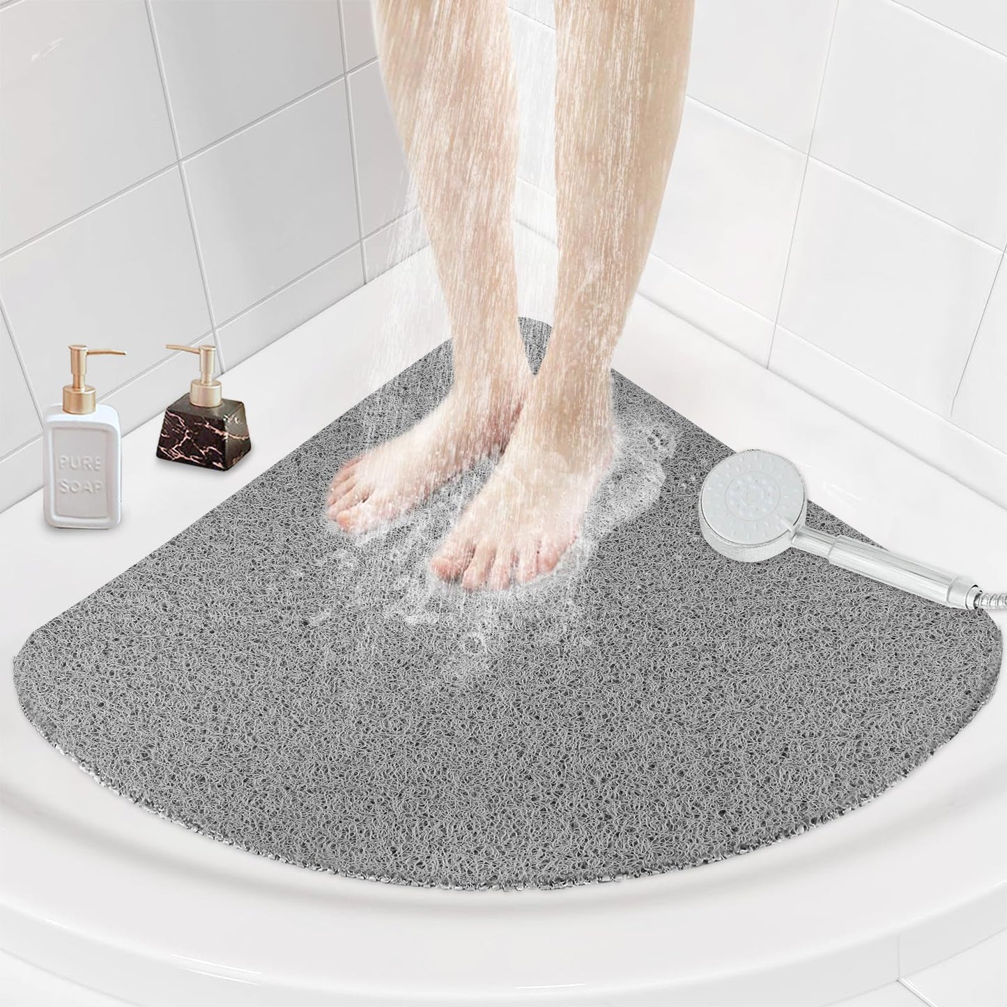 Darhoo Corner Anti Slip Shower Mat, 31.5 x 31.5 Inch Large Non Slip Shower Mats for Inside Shower, Soft Loofah Stand Up Shower Mat for Elderly, Grey