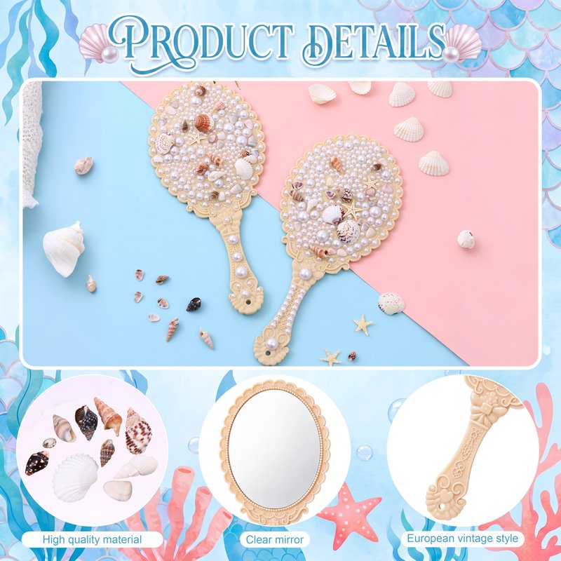 Chumia 6 Set Mermaid Hand Mirror Crafts Kit Creative DIY with Shells Flatback Half-Pearls Starfish and Tools Decorate Your Own Mirror Party Favor for Women Bride Mermaid Birthday Wedding Gift