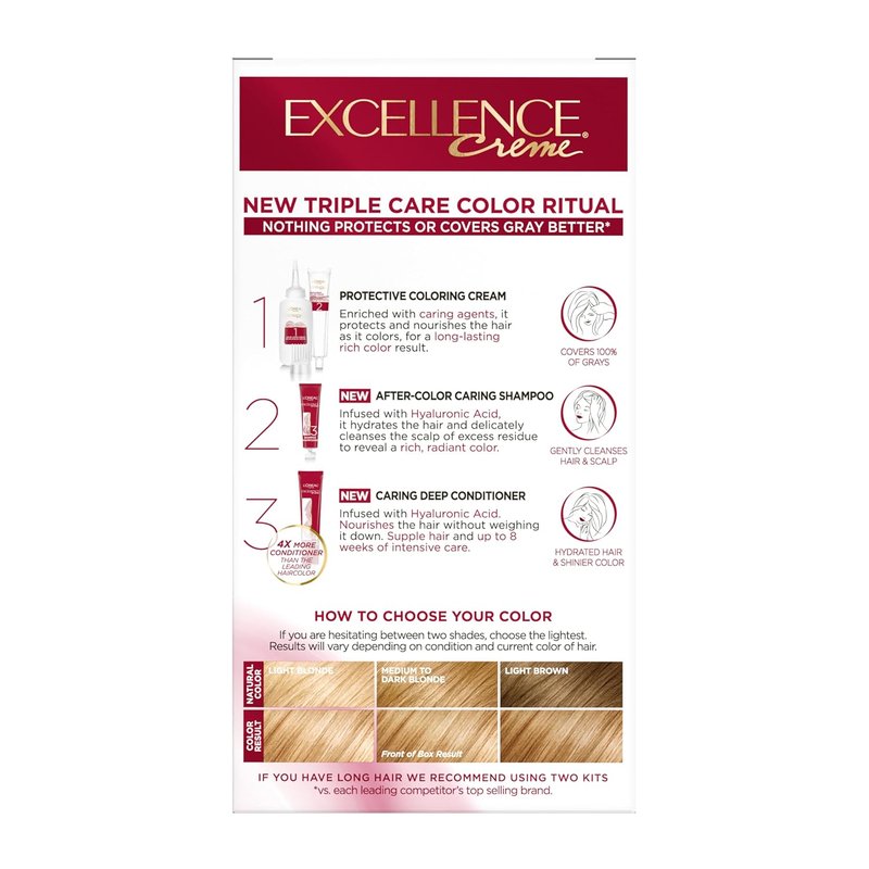 L'Oreal Paris Excellence Crème Permanent Hair Dye, Triple Care Hair Color with Hyaluronic Acid for 100% Gray Coverage, 8G Medium Golden Blonde, 1 Kit (Packaging May Vary)