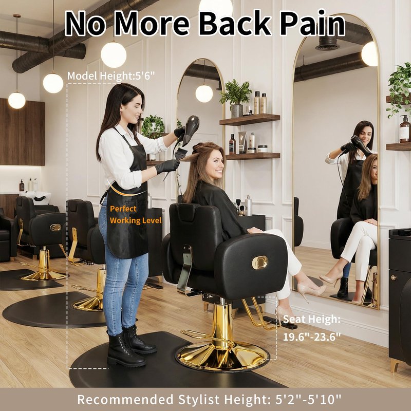 Baasha Black & Gold Reclining Salon Chair - All Purpose Hydraulic Barber Chair with Removable Headrest - Comfortable Styling Chair for Makeup, Lash, Tattoo, Braiding & Shaving, 440 lbs Cap.