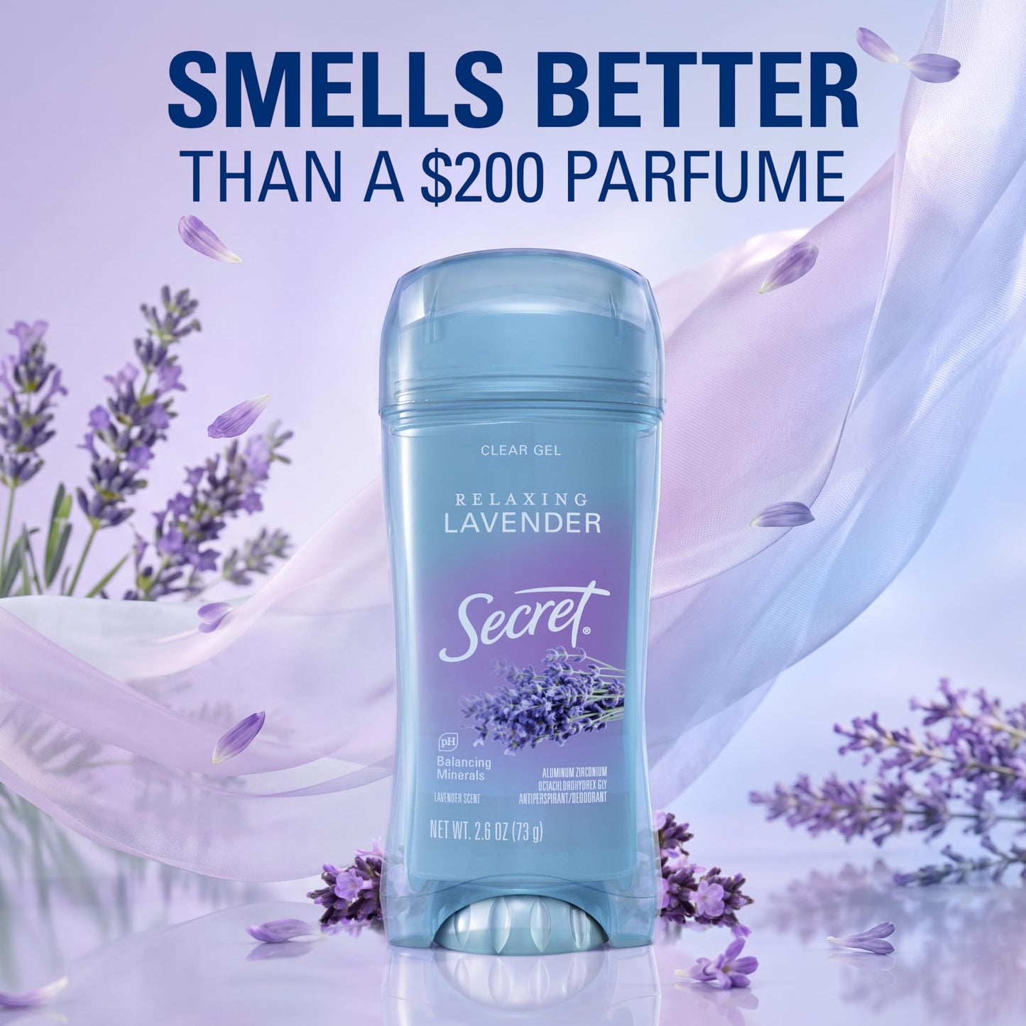 Secret Fresh Antiperspirant Deodorant for Women, 72hr Breathable Sweat & Odor Protection, Instant Freshness & Gentle, PH Balancing Minerals, Clear Gel, Relaxing Lavender Scent, 2.6 oz (Pack of 2)