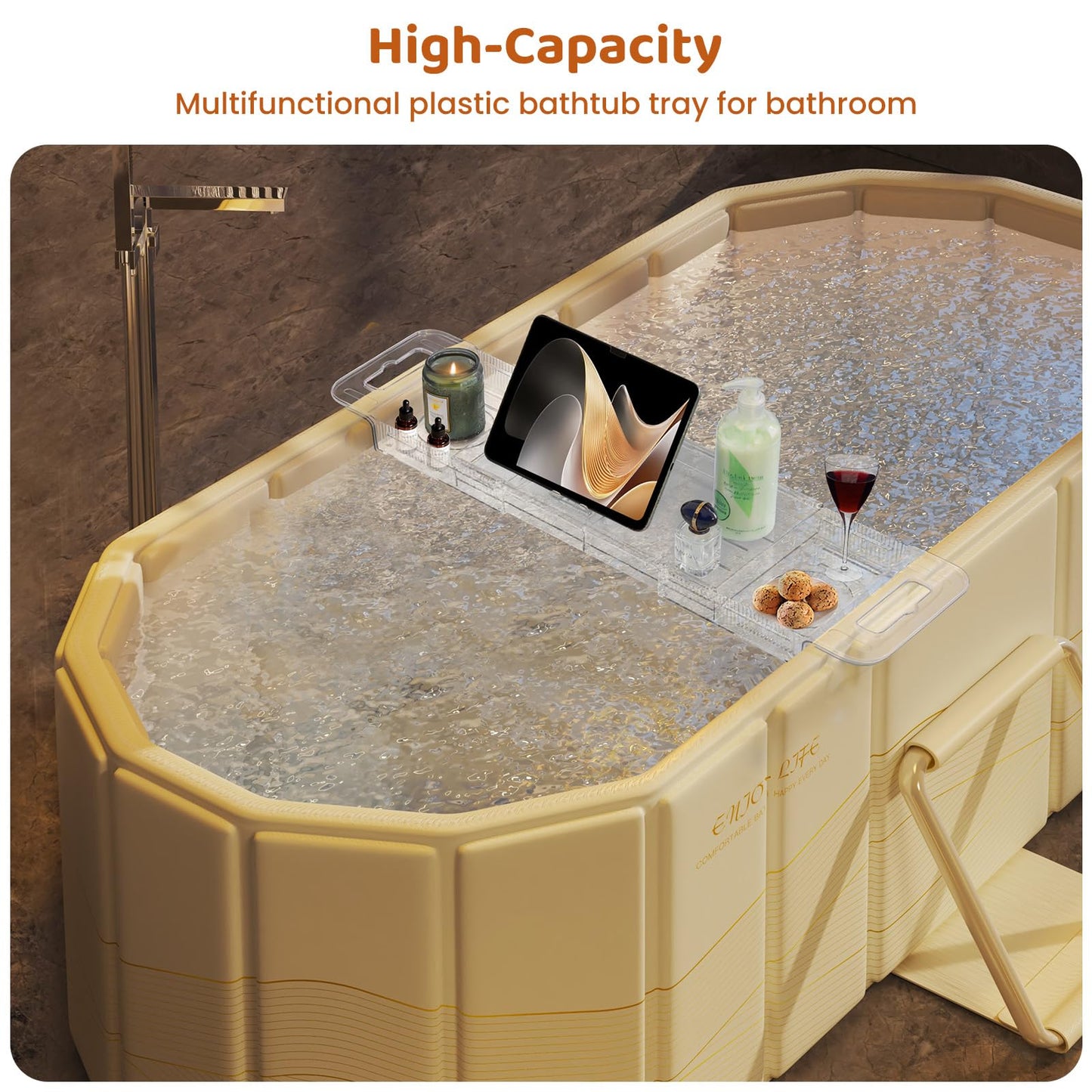 HLCZLUZ Expandable Bathtub Tray, Foldable Bath Tray for Tub, Acrylic Bath Table Trays Storage Rack, Bath Tub Tray for Bathtub & Bathroom Accessories (Transparent Bathtub Tray, 22"L x 7.8"W x 1.7"H)