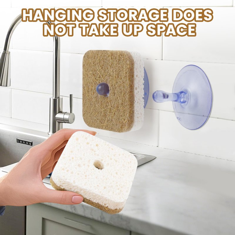 Silkyhose 6pcs Scrub Sponges with Suction Cup Hook, Natural Kitchen Sponge, Biodegradable Compostable Cellulose and Coconut Non-Scratch Sponges, Cleaning Sponges for Dishes