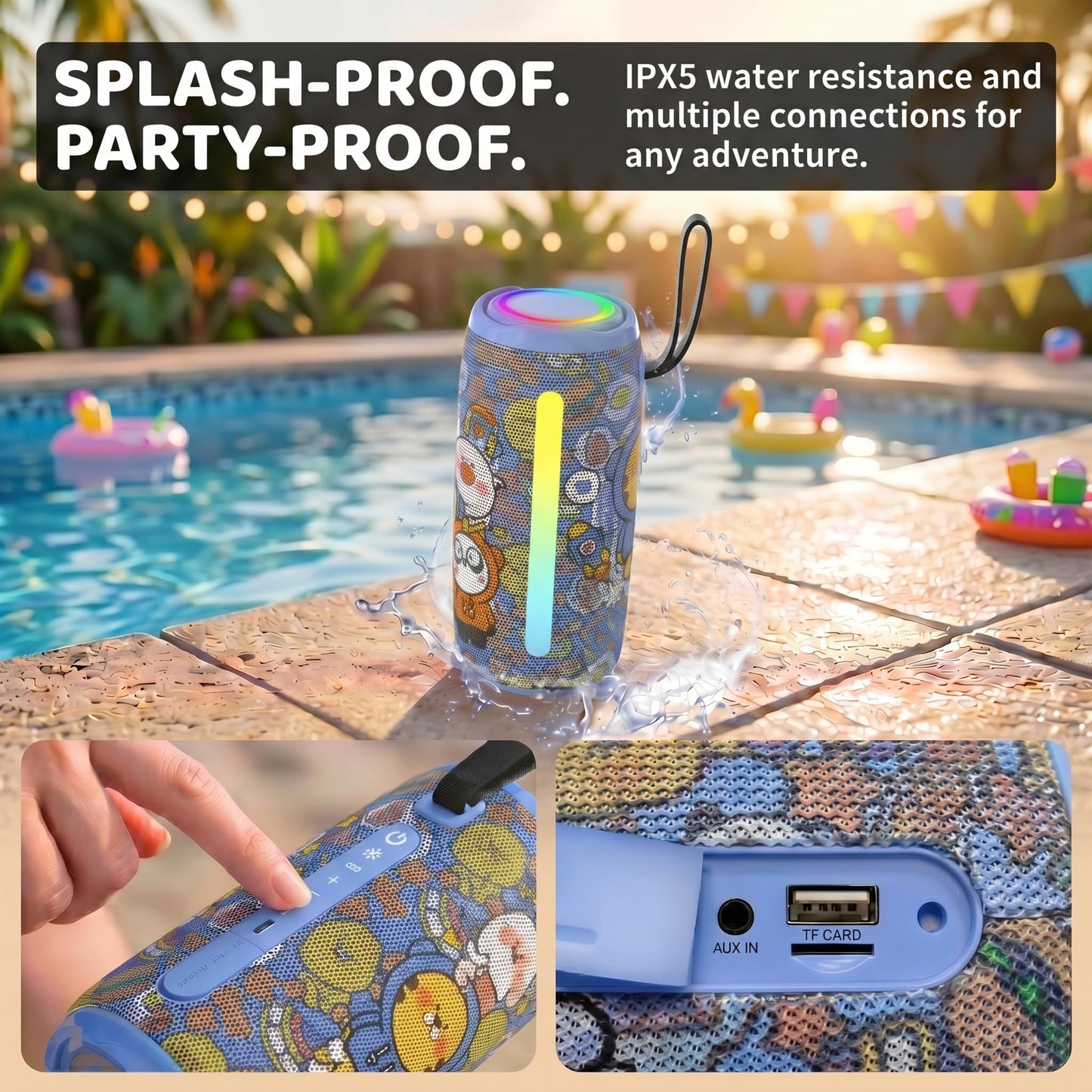 Cute Cartoon Bluetooth Speaker for Girls & Teens, Kawaii Portable Wireless Speaker with RGB Sync Lights, BT 5.3, TWS Pairing, IPX5 Waterproof, 20H Playtime, Birthday Gifts & Room Decor (Blue)
