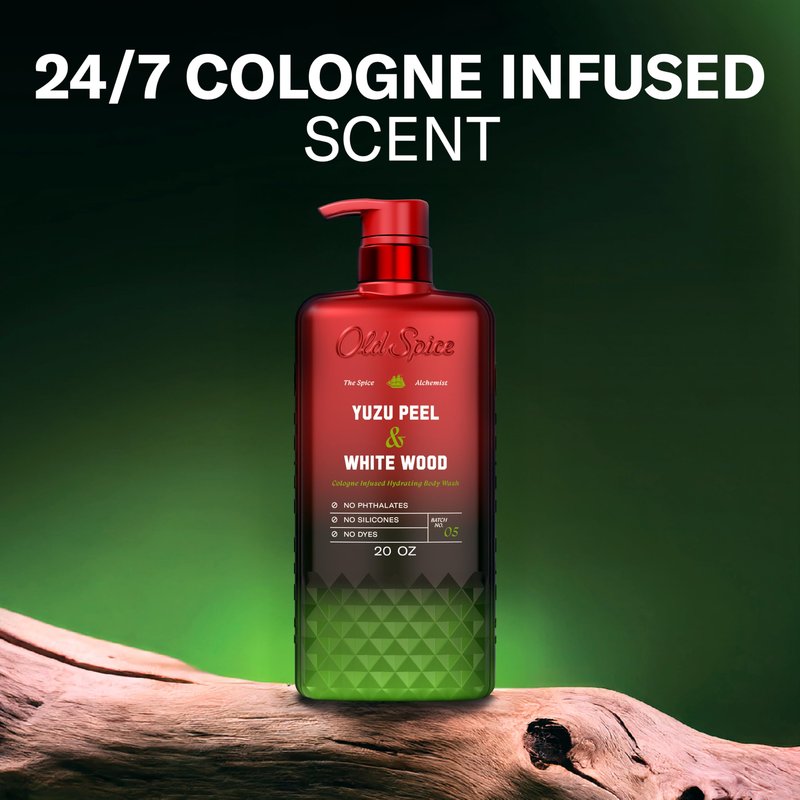 Old Spice Body Wash for Men, The Spice Alchemist Collection, 24/7 Cologne Infused Hydration, No Trade Off Formula, Free of Phthalates Silicones & Dyes, Yuzu Peel + White Wood Scent, 20 oz