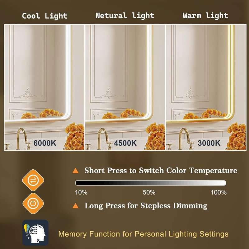 LED Bathroom Mirror - 24x32 Inch Gold Metal Framed Lighted Vanity Mirror | Dimmable, Anti-Fog, 3 Colors
