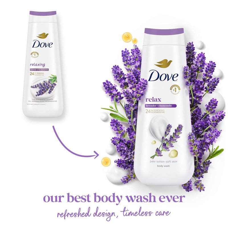 Dove Body Wash Relax Lavender Oil & Chamomile for 24hr Lotion-Soft Skin Moisturizing Skin Cleanser with No Sulfates No Parabens 20 oz