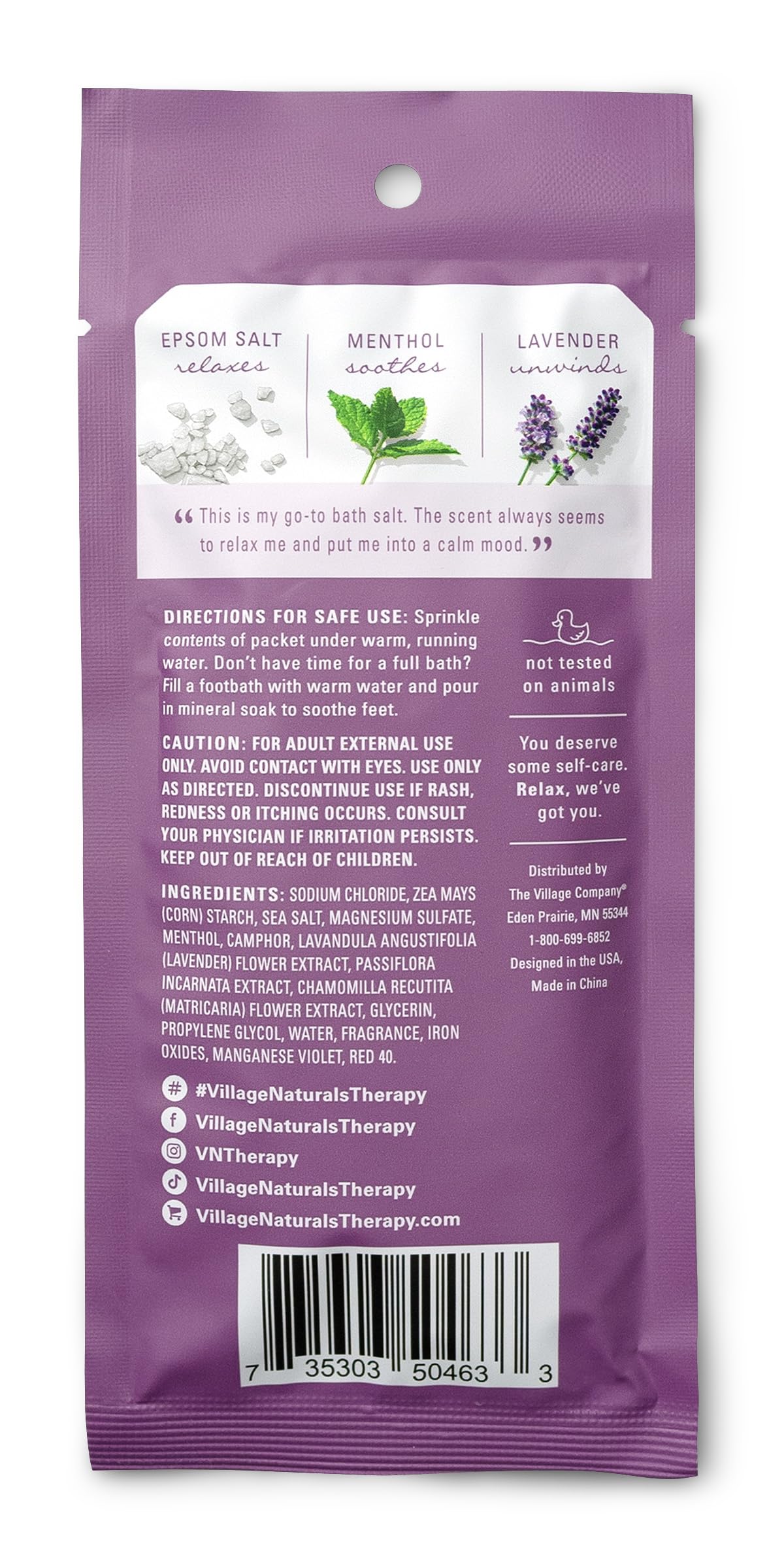 Village Naturals Therapy Nighttime Concentrated Mineral Bath Soak, Lavender Chamomile Scent, 2 oz, Pack of 12