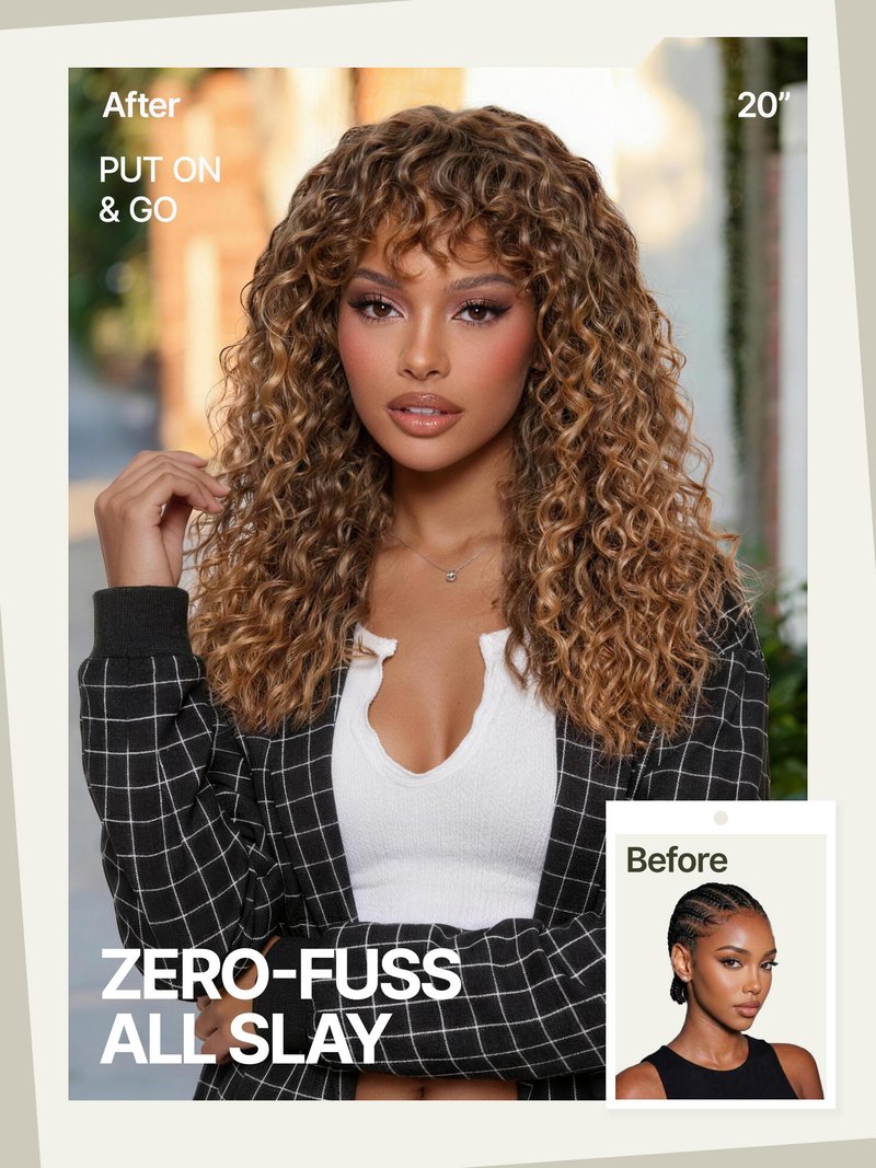 Frodio Veralux Fiber Blend Human Hair 20 Inches Shaggy Curl with Bangs Wig 200% Density Wigs Highlight Brown Ready to Go Glueless Wig for Women Realistic Look with True Scalp