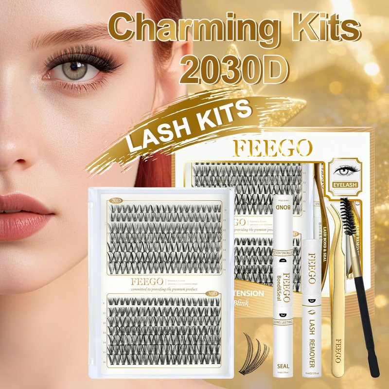 FEEGO Eyelash Extensions Kit Lash Clusters DIY Lash 280pcs 9-16mm Individual Lashes Clusters 20D 30D D Curl Eyelash Extension Kit Individual Lashes, Lash Bond, Seal Glue, Remover (2030D Charming Kit)