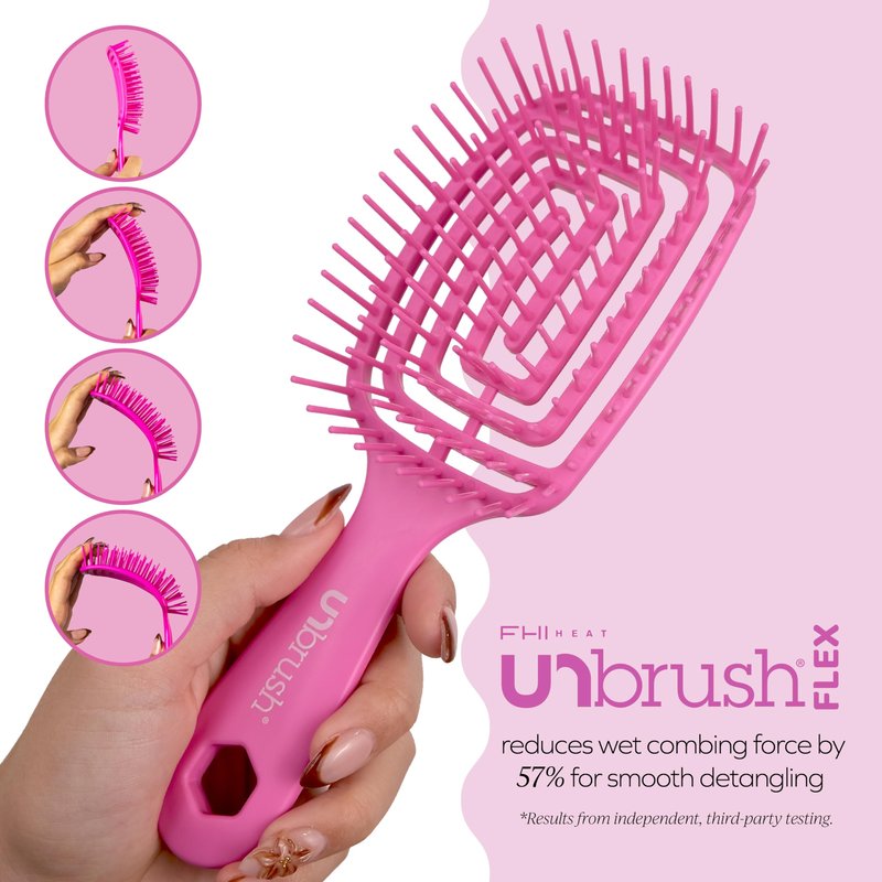 FHI Heat UNbrush Flex Detangling Brush — Ultra-Flexible, Pain-Free Hair Brush Detangler with DuoFlex Anti-Static Bristles for Removing Tangles, Massaging Scalp & Faster Styling - Pink