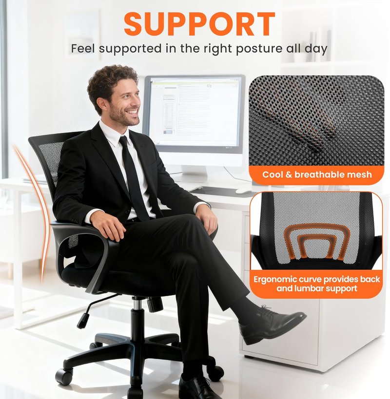 Ergonomic Office Desk Chair - Mesh Gaming Seat with Adjustable Height & Lumbar Support | Black