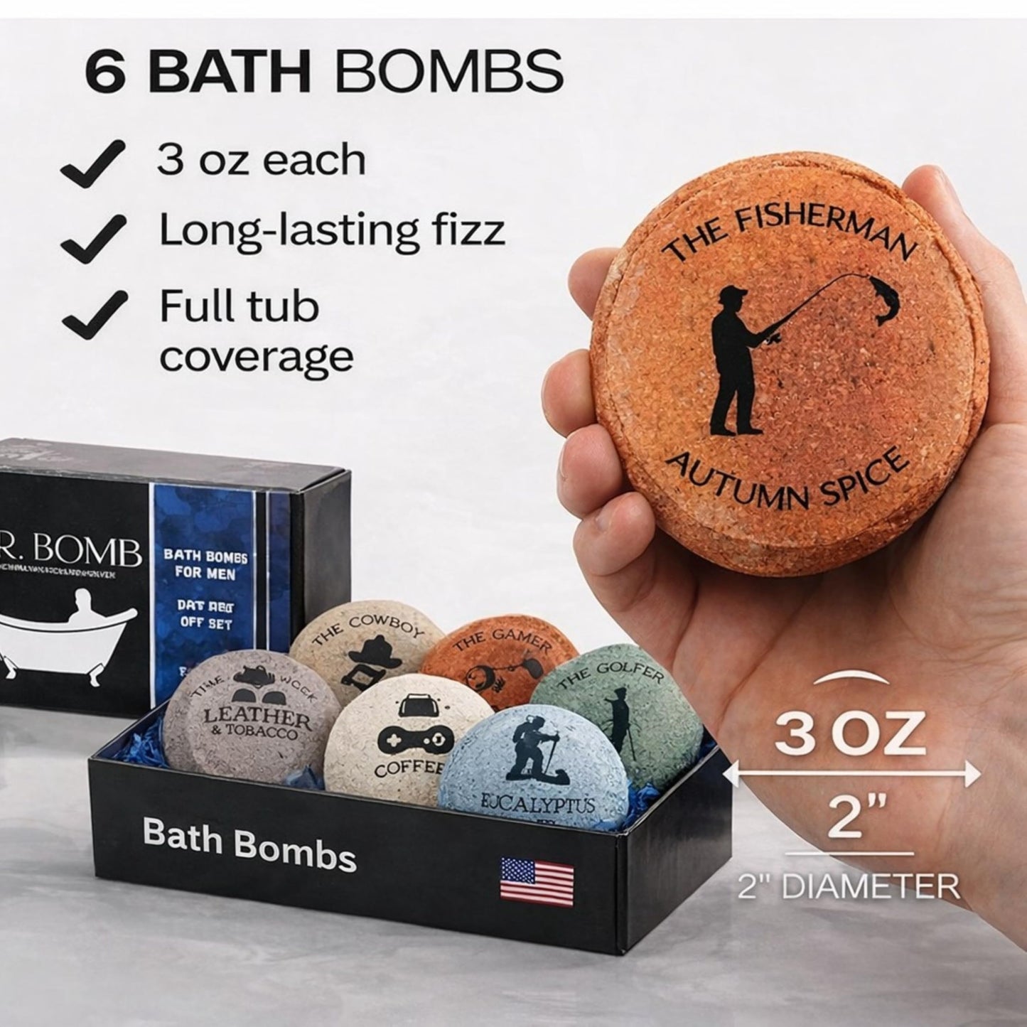 Mr. Bomb Dude Bath Bombs for Men – 6 Pack Man-Up Collection, Masculine Scents, Epsom Salt Bath Bomb Set for Relaxation & Muscle Relief, Gift Set for Him, Made in USA