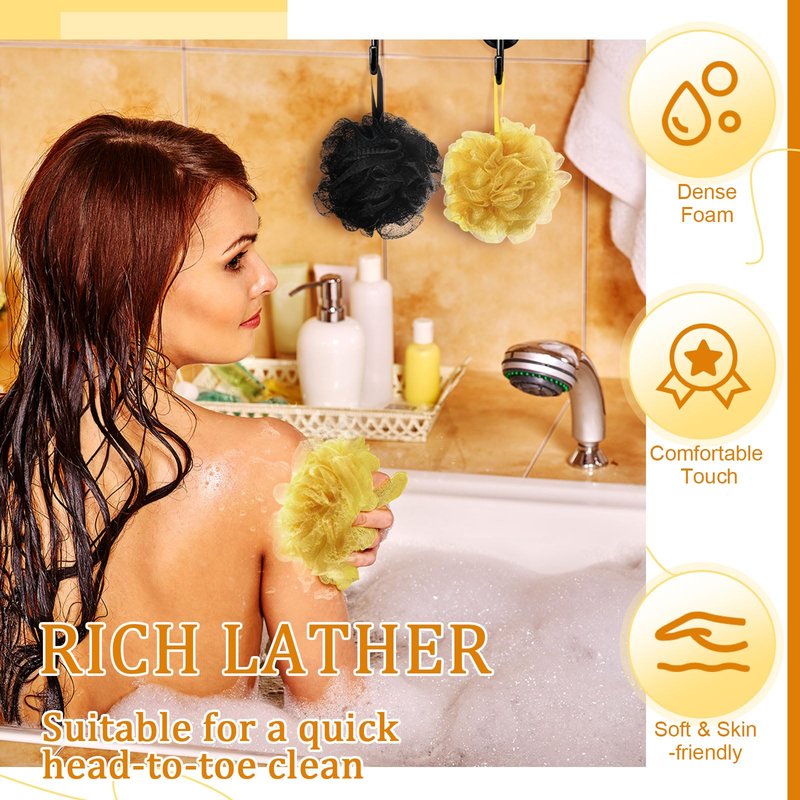 FuWeave 12 Pcs Christmas Bath Loofah Sponge Red Green Loofah Exfoliating Body Scrubber Shower Sponge 50g Mesh Shower Pouf Balls Gift Set for Women Men Bathing Accessories(Gold and Black)
