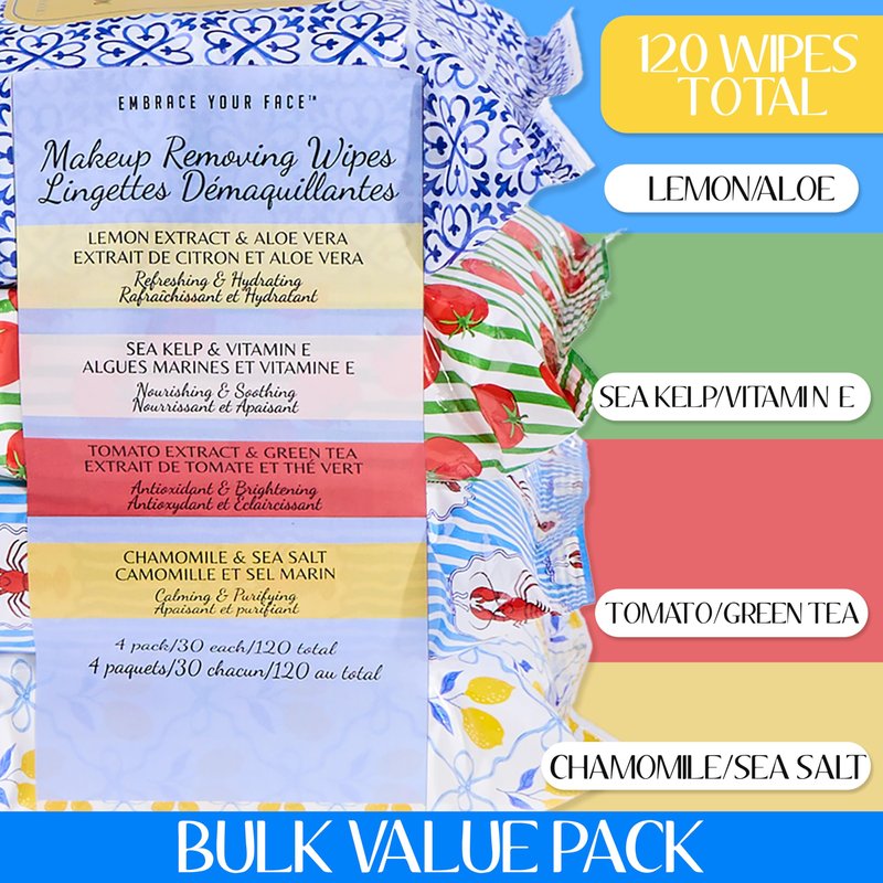 120pc Makeup Removing Facial Wipes 4-Pack Variety Pack – Lemon/Aloe, Sea Kelp/Vitamin E, Tomato/Green Tea, Chamomile/Sea Salt