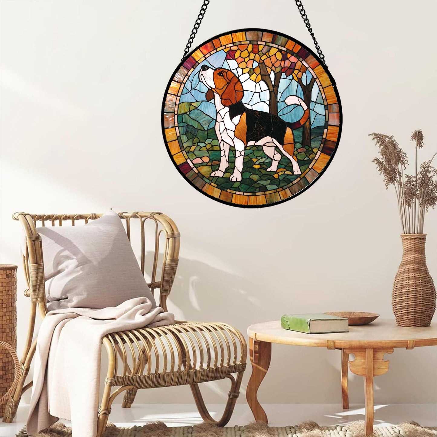 GEFOS Stained Glass Window Hanging Cute Dog Beagle Trees Large 11.8" - Suncatcher Door Garden Sunroom Sun Catcher Home Decor Birthday Christmas for Lost Pets Mom Men Woman Nana