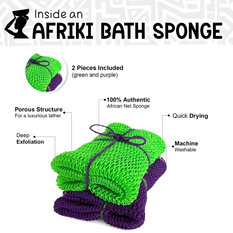 African Net Sponge, Premium Authentic Exfoliating Body Scrubber, Extra Long Stretch Bath Sponge for Shower, Deep Exfoliating Washcloth for Smooth Skin, 2 Pack (Purple & Green)