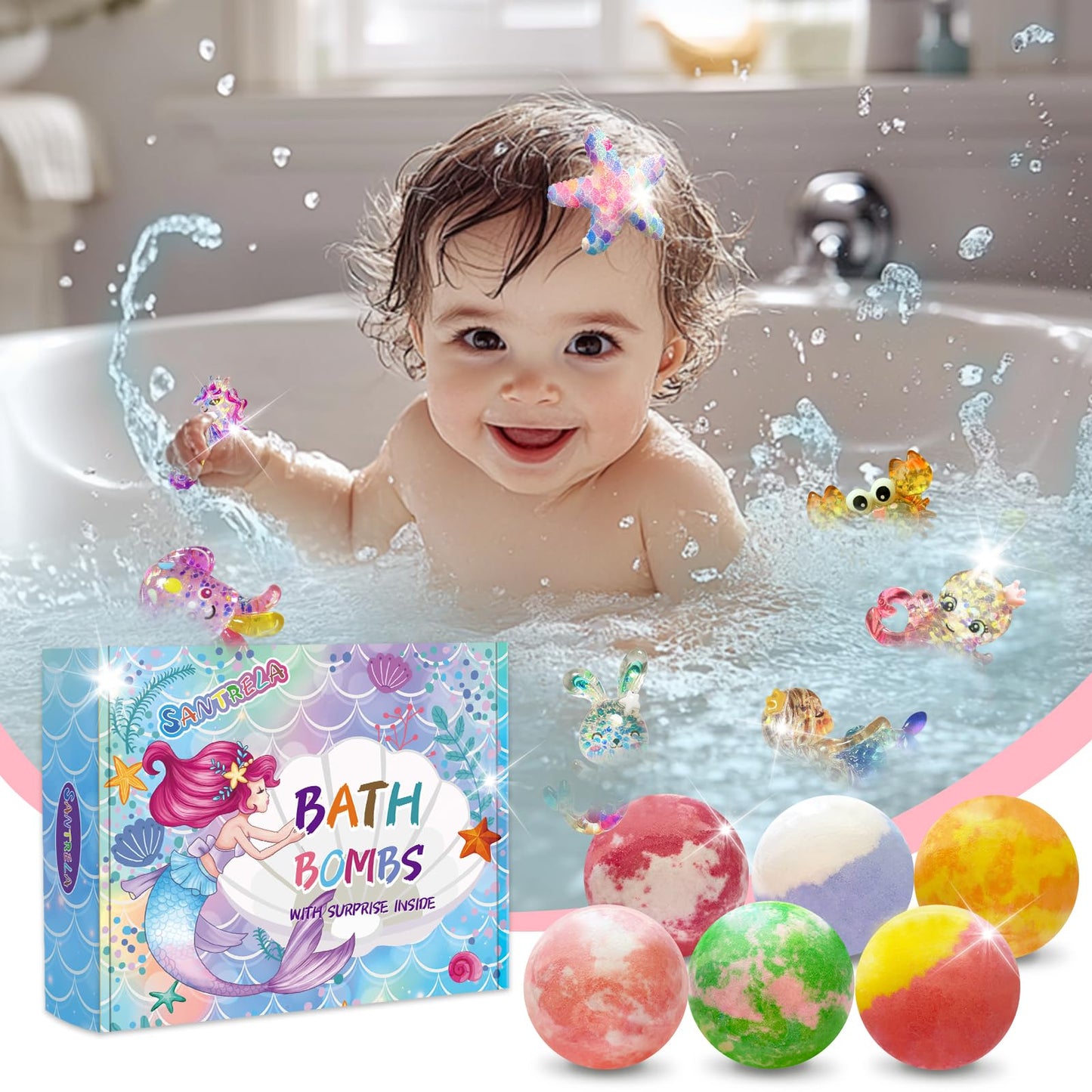 Bath Bombs for Kids with Surprise Inside, 12pcs Kids Bath Bombs with Mermaid Toys Gift Set for Girls, Shea & Coco Butter Dry Skin Moisturize, Birthday Easter Gifts Spa Bath Ball with Bath Toy Fun