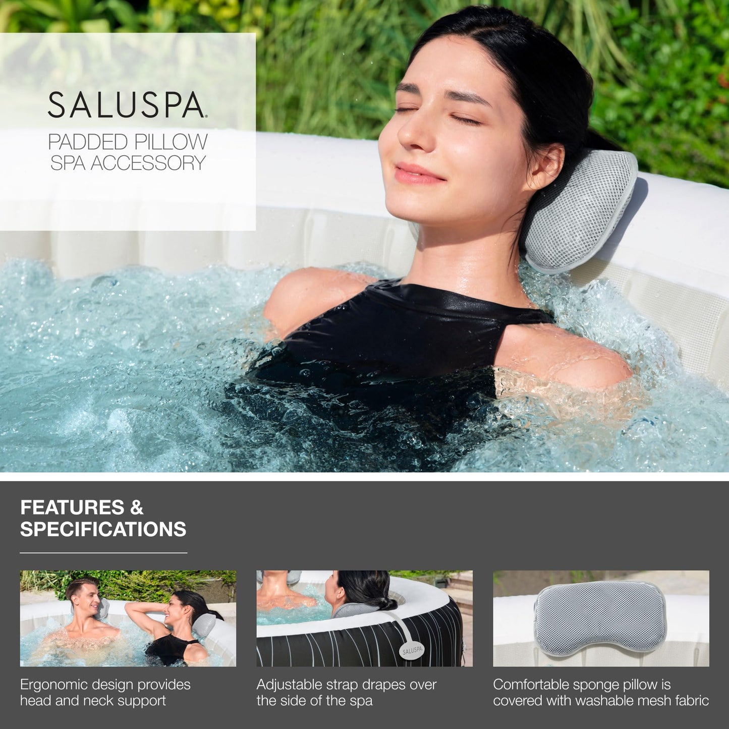 SaluSpa Padded Spa Pillows (2-Pack), Grey | Ergonomic Head & Neck Support for Hot Tubs and Bathtubs | Adjustable Strap with Balance Weight | Compatible with All SaluSpa Models