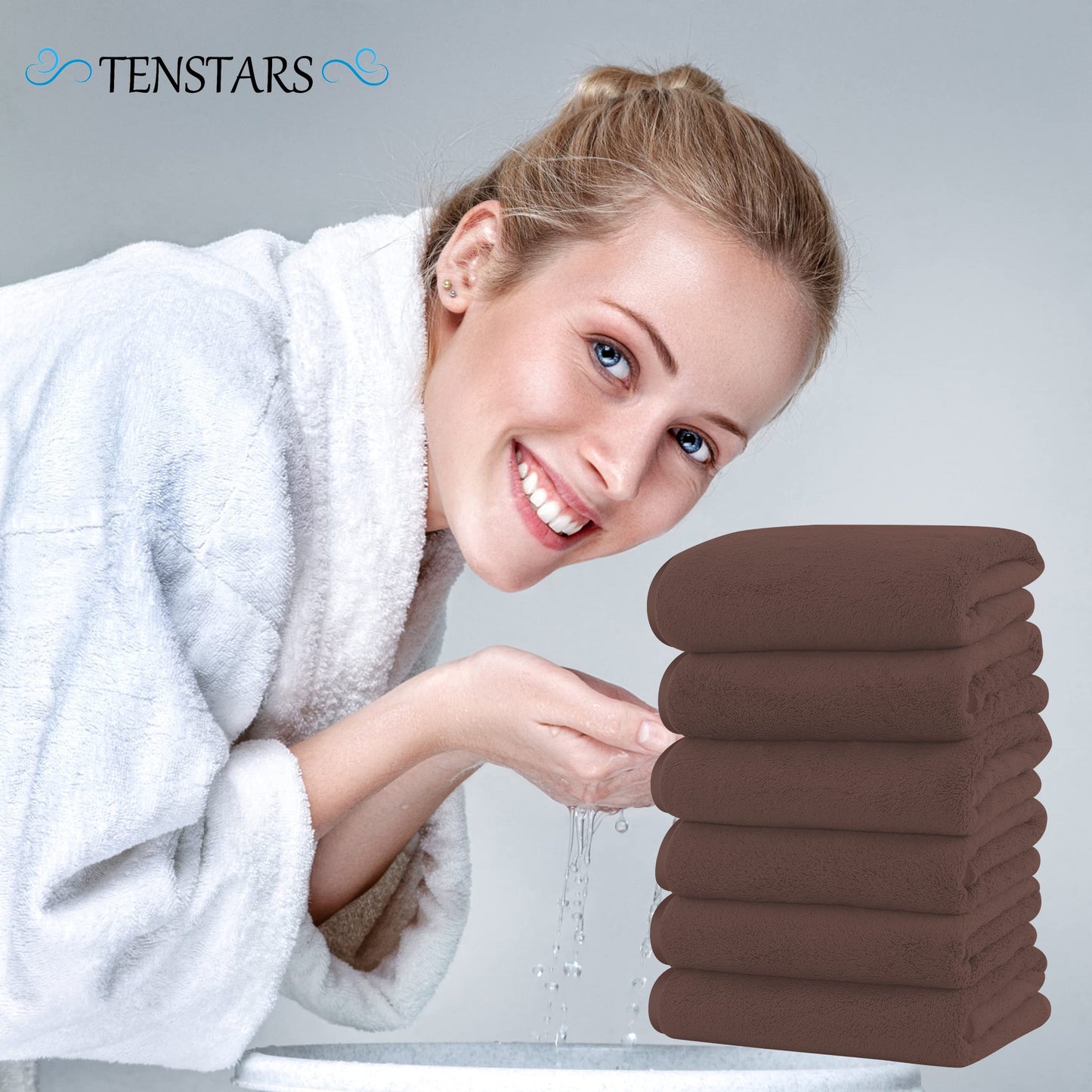 TENSTARS Silk Hemming Hand Towels for Bathroom - Quick Drying - Ultra Soft Microfiber Absorbent Towel for Bath Fitness, Gym, Shower, Hotel, and Spa - 16x28 Inch | Set of 6, Wood Brown