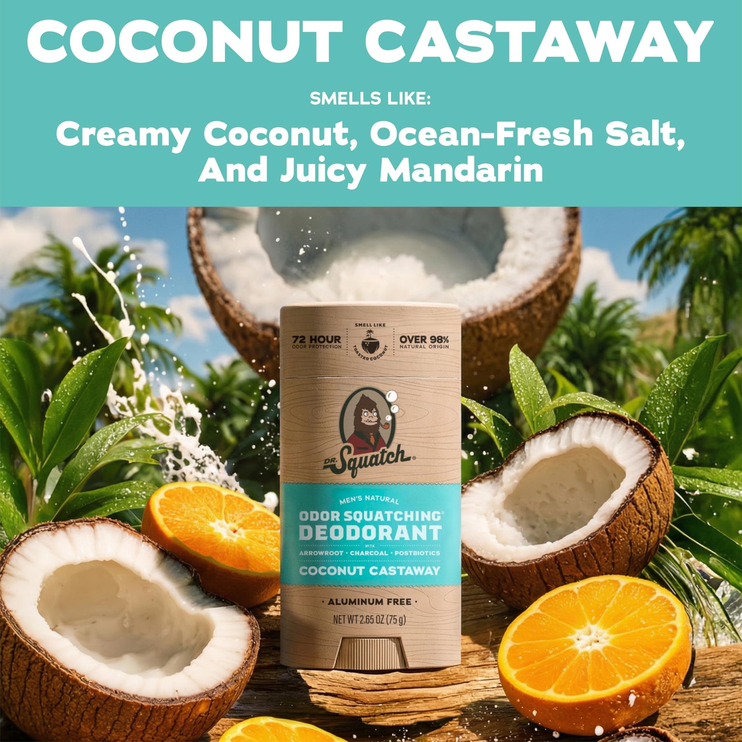 Dr. Squatch Natural Men’s Deodorant – Aluminum Free Natural Deodorant Men with Charcoal & Postbiotics for 72-Hour Odor Protection – Coconut Castaway, 2.65oz Stick (3-Pack)