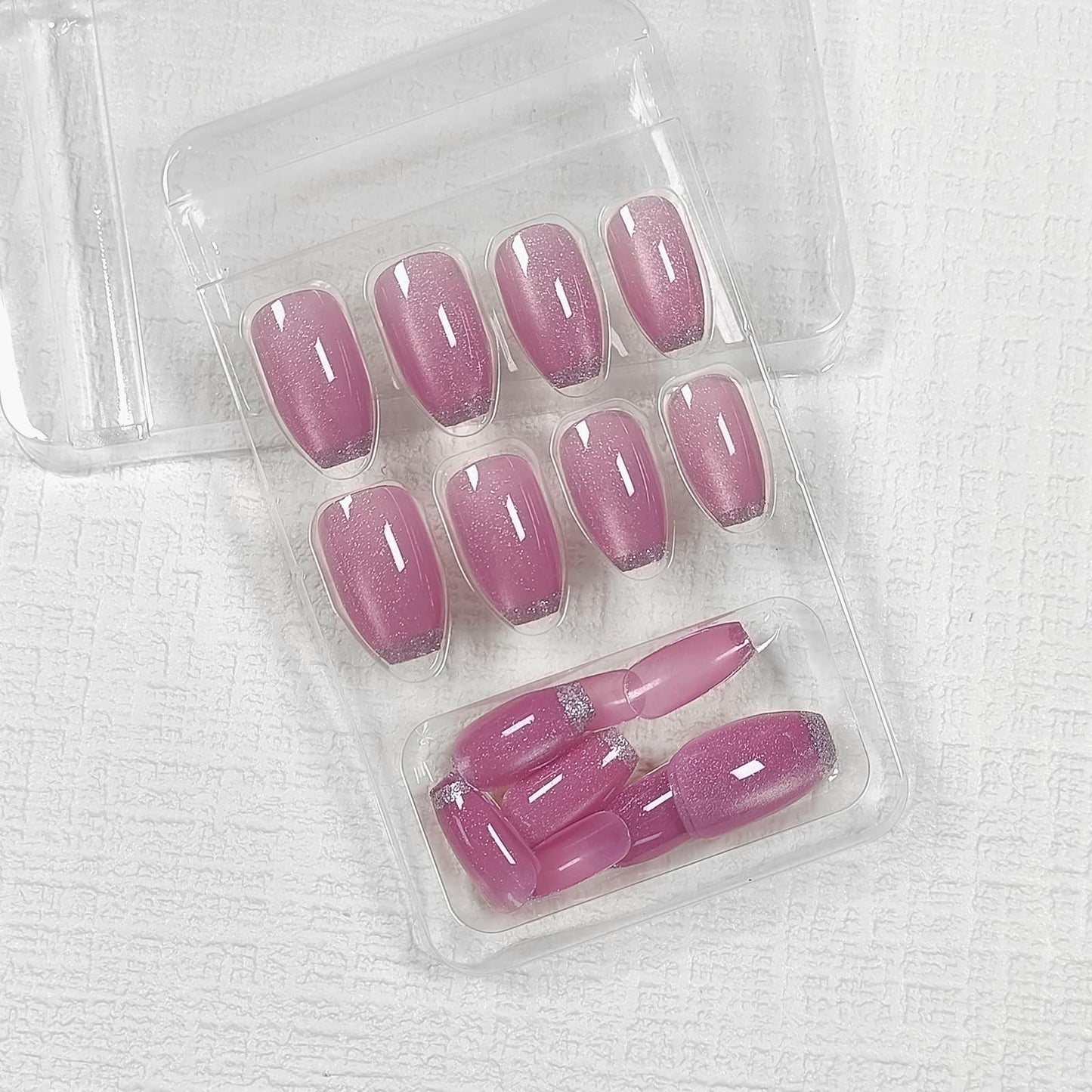 TENPAL Ballet Press on Nails Medium,Pink Cat Eye Glow & Negative Space French Tips False Glue on Nails,Prism Dust Glitter Fake Nails Kit,Y2K Minimalist Nail Art with Tools,Reusable 24pcs Glossy Nails