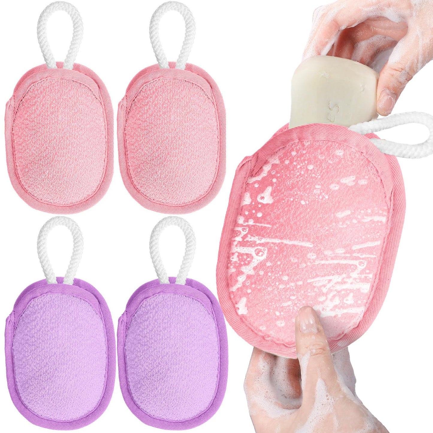 Sunnyray 4 Pcs Bath Body Exfoliating Soap Saver, Exfoliator Scrubber Pouch, Bath Loofah Sponge Body Scrubber Shower Sponge Exfoliating Mesh Pouf for Women and Men Bathing (Pink,Purple)