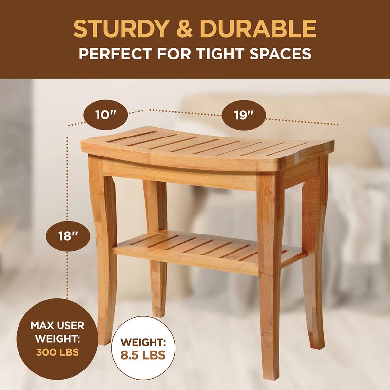 Bambüsi Bamboo Shower Bench Spa Stool - Wood 2-Tier Seat, Foot Rest Shaving Stool with Non-Slip Feet + Storage Shelf - Seat or Organizer for Bathroom, Living Room, Bedroom and Garden Décor