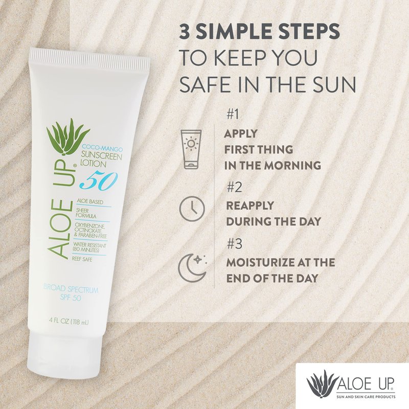 Aloe Up White Collection SPF 50 | Sunscreen Lotion for Face & Body with Aloe Vera Gel | Water Resistant up to 80 Minutes | Reef Friendly, Non Greasy, Fast Absorbing | Coco Mango Fragrance 4 Oz