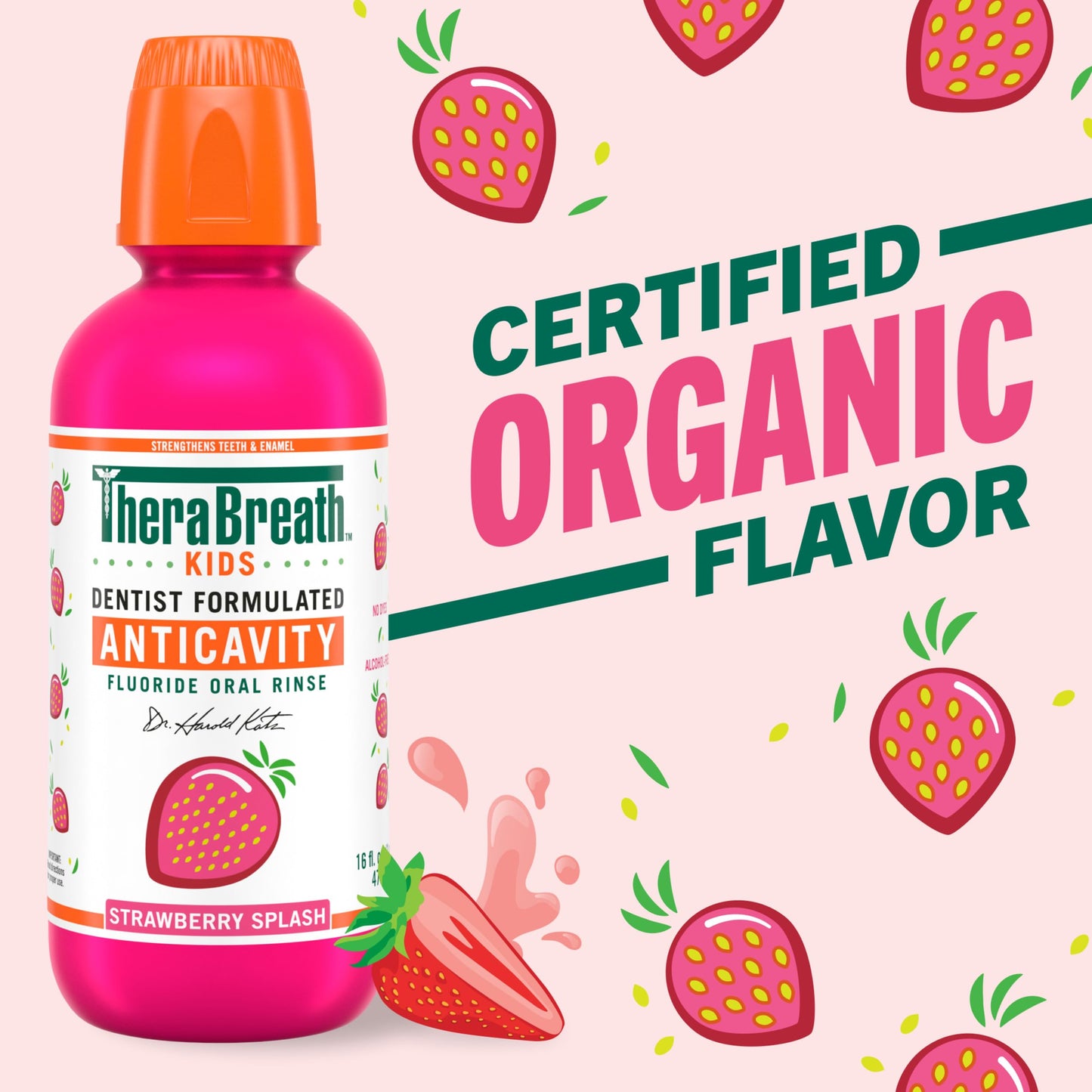 TheraBreath Kids Mouthwash with Fluoride, Organic Strawberry Splash, Anticavity, Dentist Formulated, 16 Fl Oz