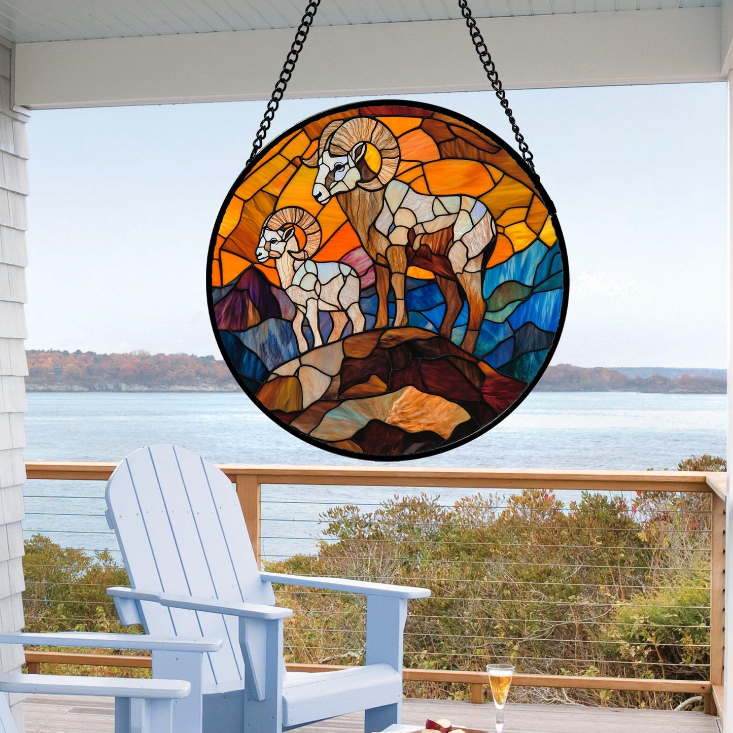 QZQCBLC Stained Glass Window Hanging Bighorn Sheep Mountain Landscape 6.3" - Suncatcher Door Garden Sun Catcher Home Decor Christmas Birthday for Mom Men Woman Friends Nana