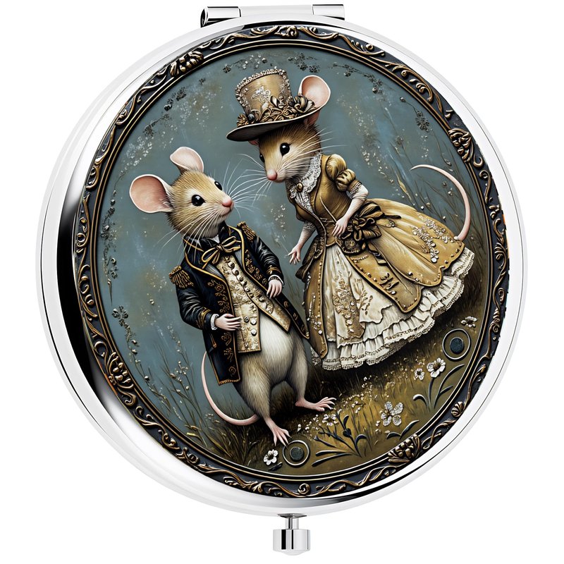 Silver Compact Mirror, 2.8x2.8inch Double-Sided Folding Makeup Mirror with Victorian Gentleman Mice Design, Ideal Gift for Women