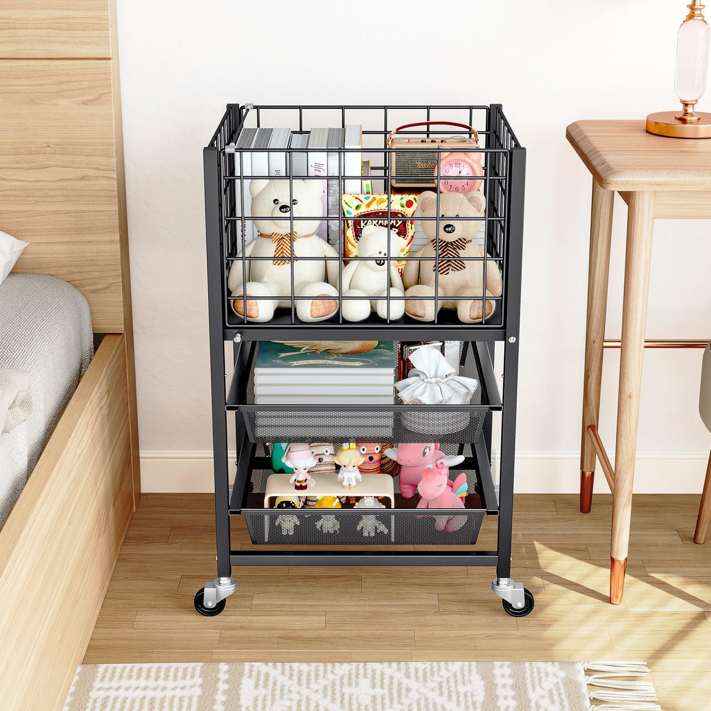 TOOLF 3-Tier Rolling File Cart, Metal Storage Drawer Cart with 2 Sliding File Trays, Adjustable Rod for Hanging Various File Sizes, File Organizer Cabinet on Wheels, for Office, Home, Classroom, Black