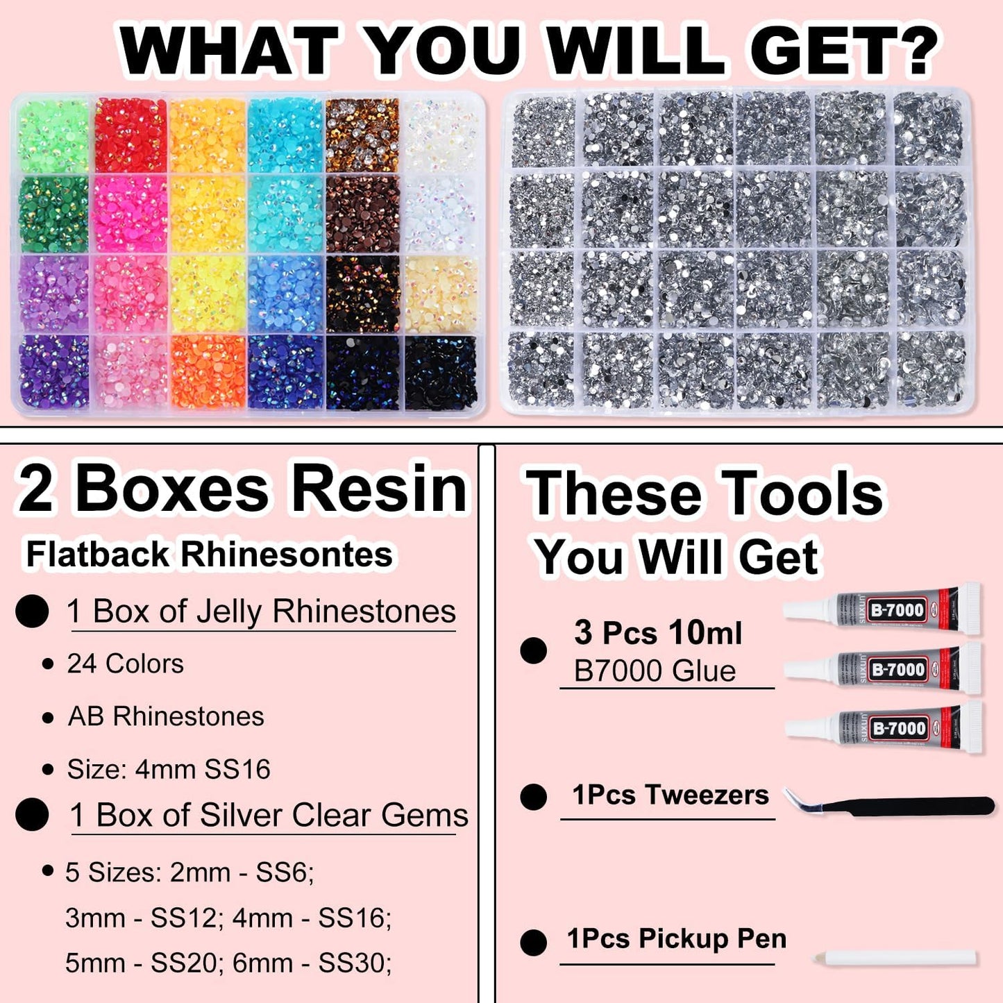 Skiennix Rhinestones Bedazzling Kit - Multicolor 4mm & Silver Clear Flatback Gems with 3Pcs B7000 Glue for DIY Crafts