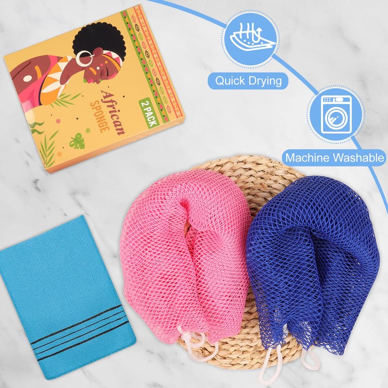 African Net Sponge Authentic - 2 Pack Afro Scrubber Bath Loofah Exfoliating Net Sponge for Shower, African Bath Sponges Exfoliator and Exfoliating Mitt for Most Skin Back Scrub Washer Accessories