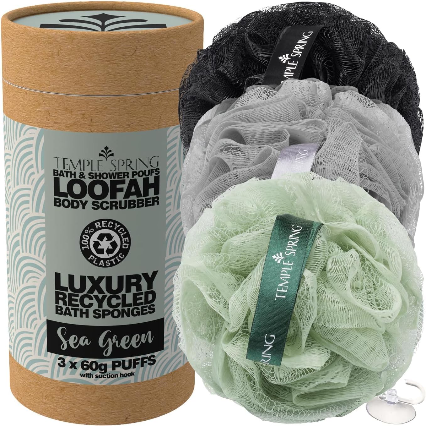 Temple Spring Soft Mesh Shower Loofah Sponge 3-Pack - Gentle Exfoliating Body Scrubber for Smooth Skin | 60g Each, Eco-Friendly with Suction Hook