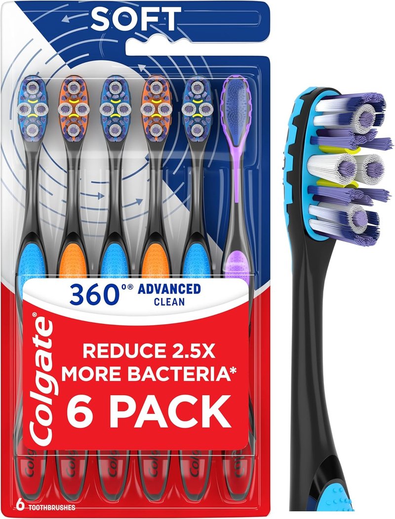 Colgate 360 Advanced Clean Soft Toothbrush Pack - 6 Soft Bristles with Cheek & Tongue Cleaner