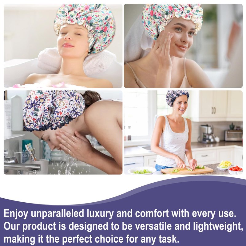 Reusable Shower Cap for Women Double Layered Shower Caps Bonnet with Adjustable Elastic Strap, Leakproof Nonslip Large Satin Lined Shower Bath Cap