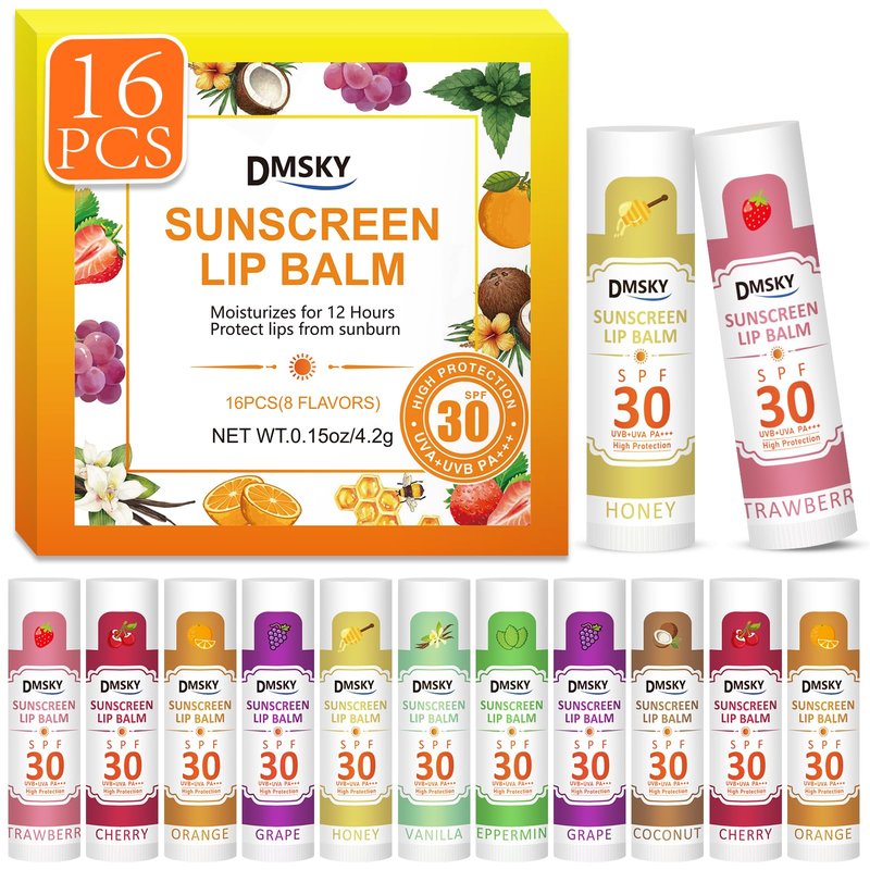 DMSKY Spf Lip Balm 16 Pack, SPF 30 Broad Spectrum Lip Sunscreen No White Cast, Moisturizing with Vitamin E & Coconut Oil, Beach Essentials & Travel Size-8 Flavors