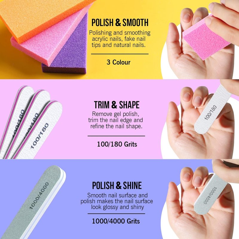 FANDAMEI Nail Buffers and Files - Professional Nail Care Kit with Rectangular Blocks & Grit Files