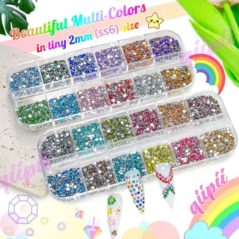 qiipii 24 Color 2mm Small Crystal Resin Rhinestones for Bedazzling Crafting SS6 Tiny Flatback Stones Colorful Gems Diamonds Charms for Nails Eyes Face Makeup Tumblers Bottles DIY Crafts Clothes Shoes