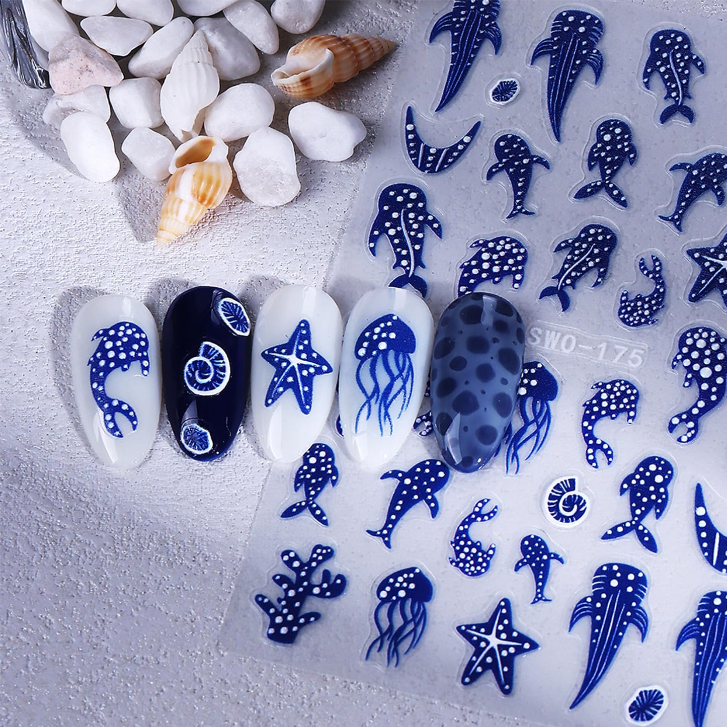 Summer Ocean Nail Stickers 3PCS Blue Polka Dot Whale Shark Nail Art Stickers Starfish Jellyfish Design Self-Adhesive French Manicure Decals Nail Supplies for Women DIY Nail Decorations